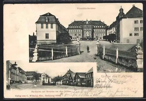 AK Berleburg, Fürstliche Residenz, Marktplatz mit Brunnen vor dem Schloss