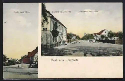 AK Leutewitz / Elbe, Gasthof, Dorfstrasse mit Kirche, Strasse nach Riesa