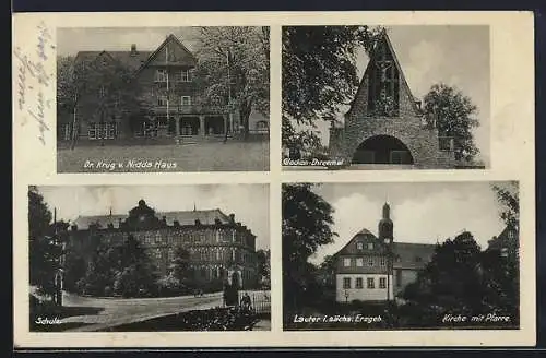 AK Lauter / Erzg., Glocken-Ehrenmal, Schule, Dr. Krug v. Nidda Haus, 4 Ansichten