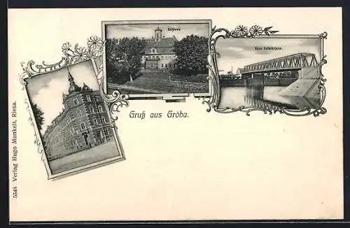 AK Gröba / Elbe, Neue Hafenbrücke, Schloss, Ortspartie