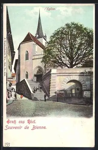 AK Biel, Strassenpartie mit Kirche u. Treppenaufgang