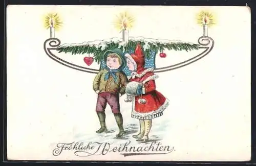 AK Kinder unter einem Tannenzweig mit Kerzen, Fröhliche Weihnachten