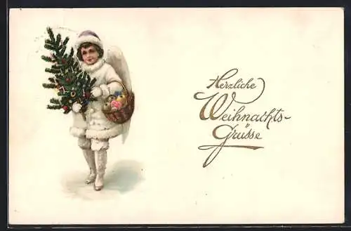 AK Weihnachtsengel mit geschmücktem Tannenbaum und Korb
