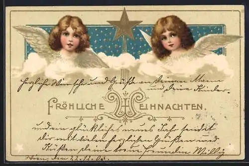 Präge-AK Kleine Weihnachtsengel über den Wolken vor Sternenhimmel