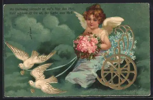 Präge-AK Amor in einem goldenen Wagen mit Veilchen und weissen Tauben