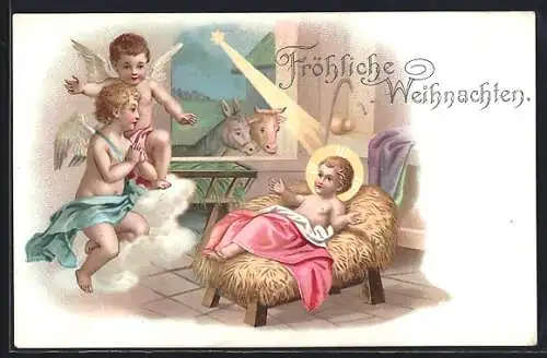 AK Weihnachtsengel schweben vor dem Christkind in der Krippe
