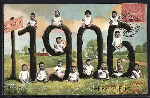 AK Kleinkinder sitzen auf der Jahreszahl 1906, Souvenir affectueux