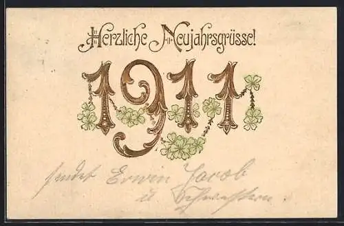 Präge-AK Goldene Jahreszahl 1911 mit Kleeblättern