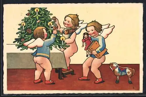 Künstler-AK Weihnachtsengel schmücken einen Tannenbaum