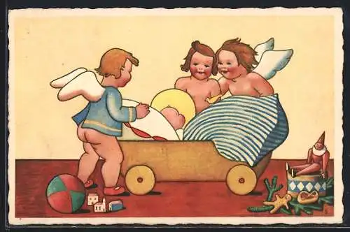 AK Weihnachtsengel stehen um das Christkind in einer Wiege herum