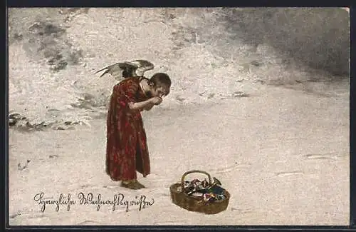 Künstler-AK Weihnachtsengel wärmt sich die Hände