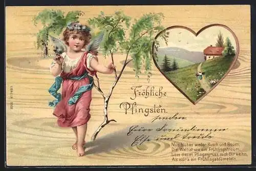 AK Engel mit Vergissmeinnicht und Birkenzweig, Frühlingslandschaft, Fröhliche Pfingsten