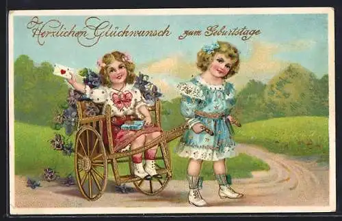 AK Glückwunsch zum Geburtstag, Mädchen wird in einem Wagen gezogen