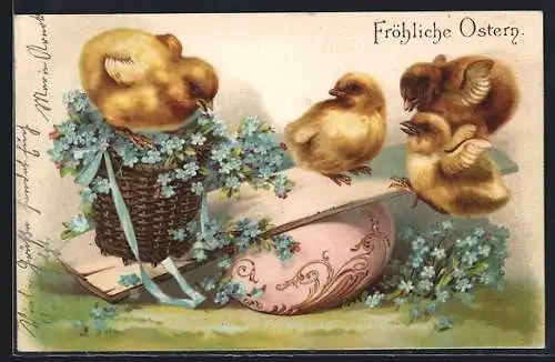 Präge-AK Osterküken und Blumenkorb auf einer Wippe