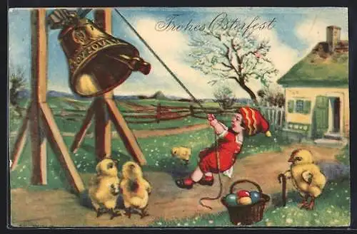 AK Kind läutet umgeben von Osterküken eine Glocke