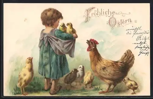 Präge-AK Fröhliche Ostern, Mädchen spielt mit Osterküken