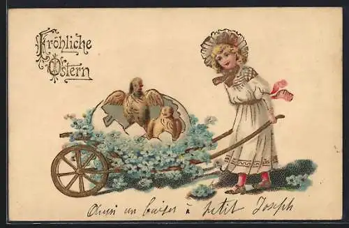 Präge-AK Mädchen schiebt eine Schubkarre mit Osterküken und Vergissmeinnicht