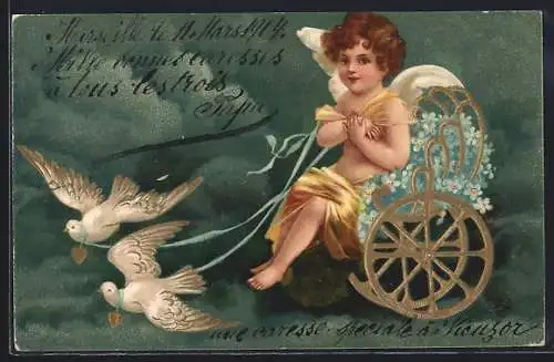 AK Tauben ziehen Amor in einem Wagen