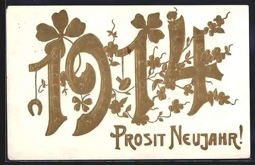 Präge-AK Goldene Jahreszahl 1914 mit Kleeblättern, Fliegenpilzen und Hufeisen, Prosit Neujahr