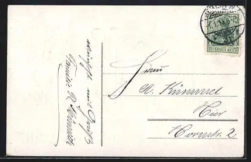 Präge-AK Goldene Jahreszahl 1914 mit Kleeblättern, Fliegenpilzen und Hufeisen, Prosit Neujahr