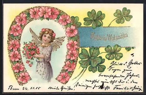 Präge-AK Weihnachtsengel mit Hufeisen und Kleeblättern