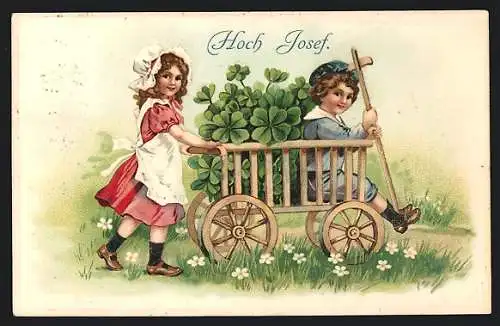 Präge-AK Kinder mit Holzwagen und Glücksklee gratulieren zum Namenstag