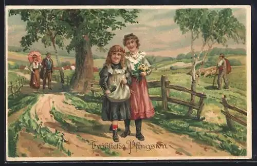 Präge-AK Fröhliche Pfingsten, Familie bei einem Ausflug im Frühling