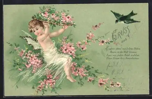 AK Kleiner Engel mit Rosenblüten und Vogel