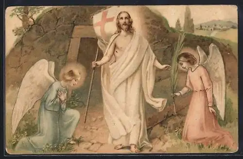 AK Jesus mit Osterengeln nach der Auferstehung