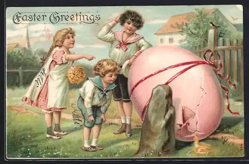 Präge-AK Easter Greetings, Kinder betrachten grosses Osterei