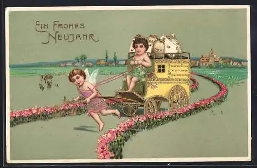 AK Neujahrsengel zieht eine Postkutsche mit Geldsäcken
