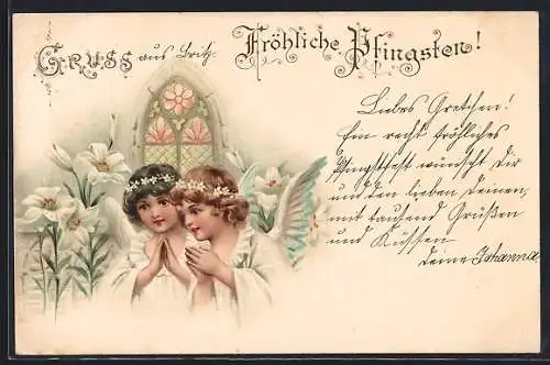 AK Fröhliche Pfingsten, Zwei betende Engel in einer Kirche