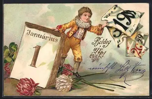 Präge-AK Junge mit Kalender und Kleeblättern, Neujahrsgruss