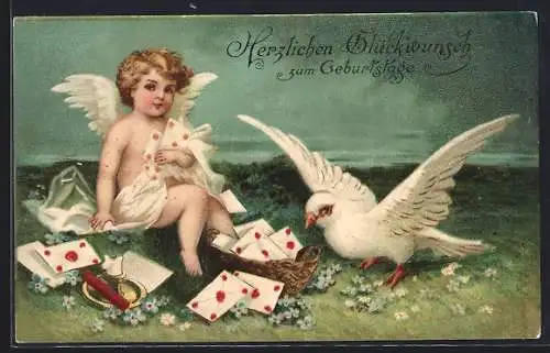 Lithographie Engel mit Briefen und Taube, Glückwunsch zum Geburtstag