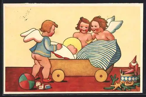 AK Weihnachtsengel betrachten das Christkind