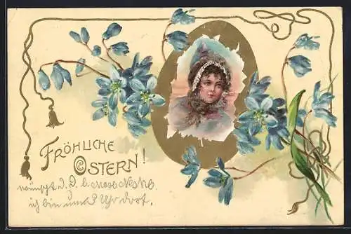 Präge-AK Mädchenporträt auf einem Osterei, Blüten, Fröhliche Ostern