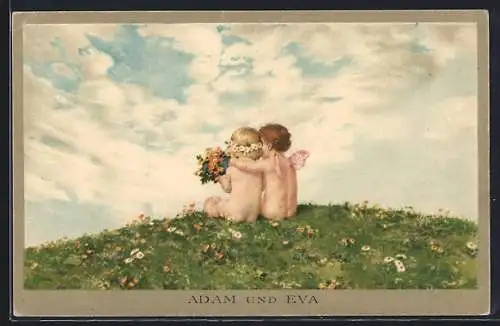 Künstler-AK M. Munk Nr. 1173: Adam und Eva, Engel auf einer Wiese