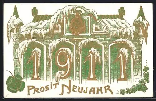 Präge-AK Jahreszahl 1911 auf einem verschneiten Haus, Kleeblätter