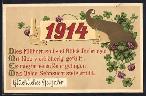 Präge-AK Jahreszahl 1914, Füllhorn mit Kleeblättern, Neujahrsgruss