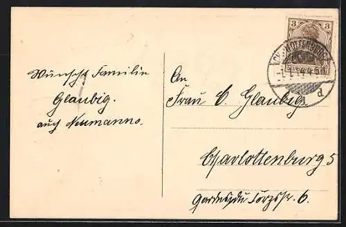 Präge-AK Jahreszahl 1914, Füllhorn mit Kleeblättern, Neujahrsgruss