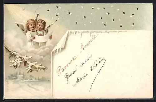 AK Singende Neujahrsengel über einer Winterlandschaft, Bonne Année