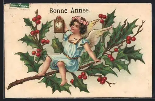 AK Neujahrsengel sitzt mit Uhr auf einem Stechpalmenzweig