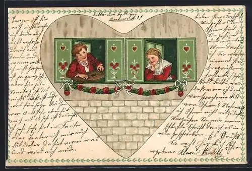 Künstler-AK Mann spielt am Fenster für eine Frau die Zither, Herz-Passepartout