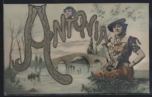AK Namenstag Antonia, Dame sitzt am Flussufer