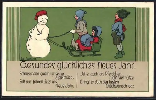 AK Schneemann zieht Kinder auf einem Schlitten, Neujahrsgruss