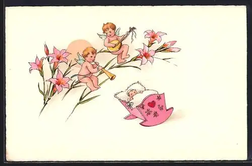 Künstler-AK Engel musizieren für ein schlafendes Baby