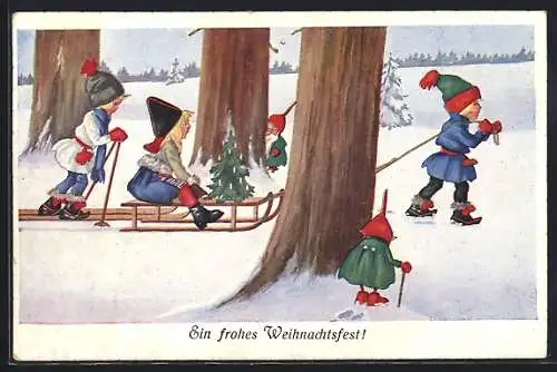 AK Frohes Weihnachtsfest, Zwerge schauen Kindern beim Schlitten- und Skifahren zu