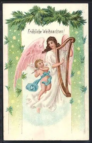 AK Weihnachtsengel musizieren mit Flöte und Harfe vor einem Sternenhimmel