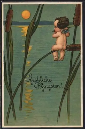 AK Fröhliche Pfingsten, Kleiner Engel spielt im Mondschein die Flöte