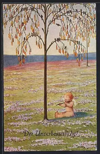 Künstler-AK Engel spielt auf einer Wiese unter einem Baum auf seiner Flöte